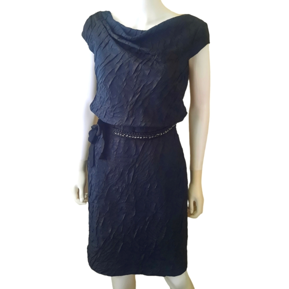 KAY UNGER Black Cowl Neck Cap Sleeve Matelasse Jacquard Dress w/Chain Belt Sz 2
